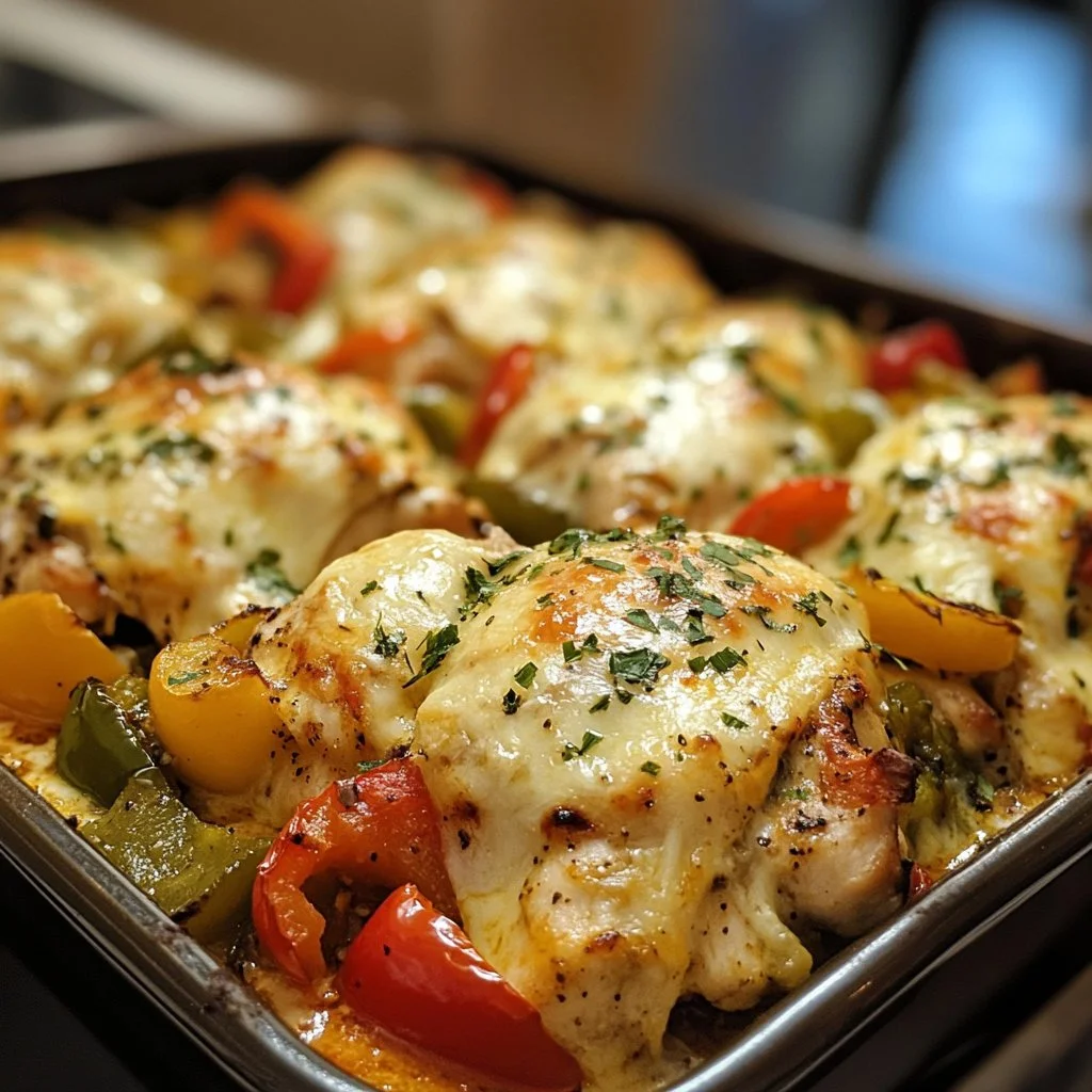 Cheesy baked chicken breast with colorful peppers on a plate