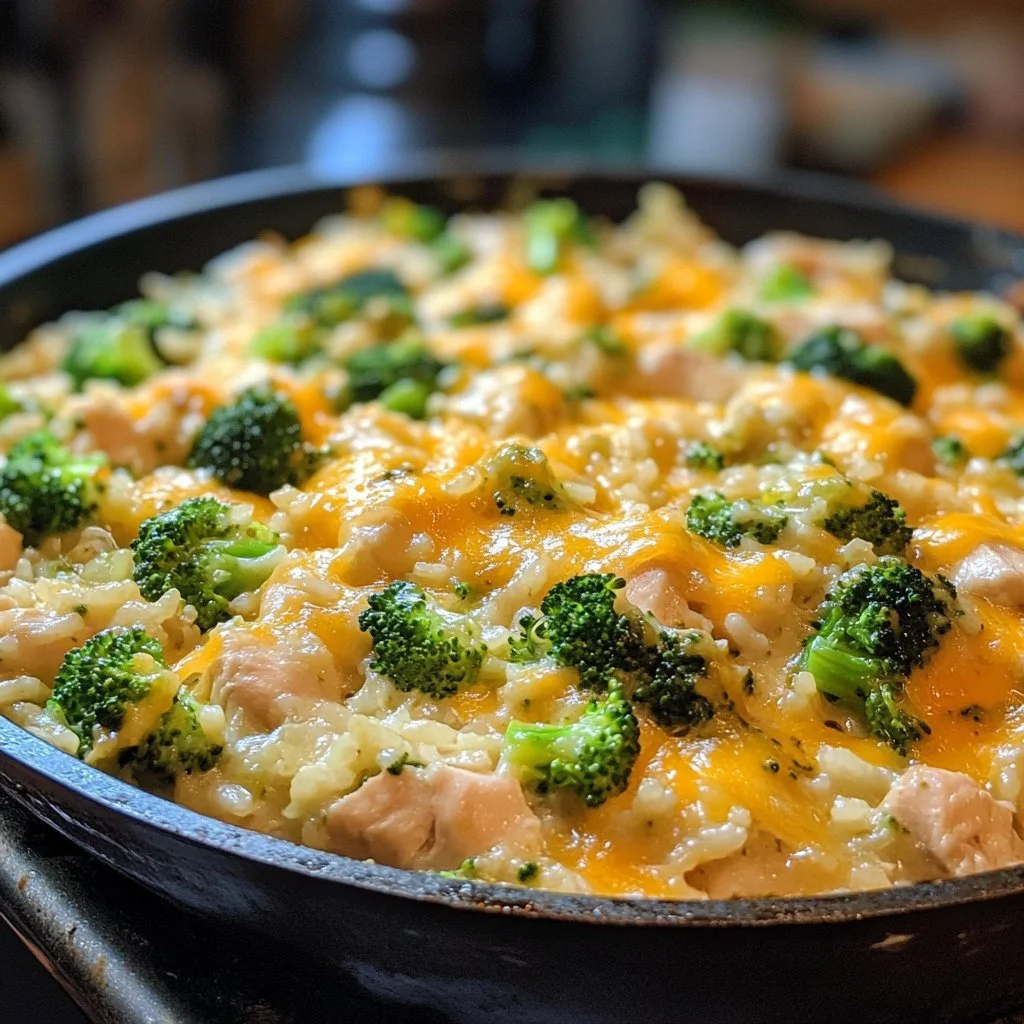 Cheesy Broccoli Chicken and Rice Casserole served in a baking dish