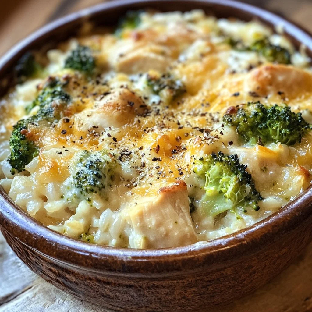 Cheesy broccoli chicken casserole topped with melted cheese and cooked to perfection.