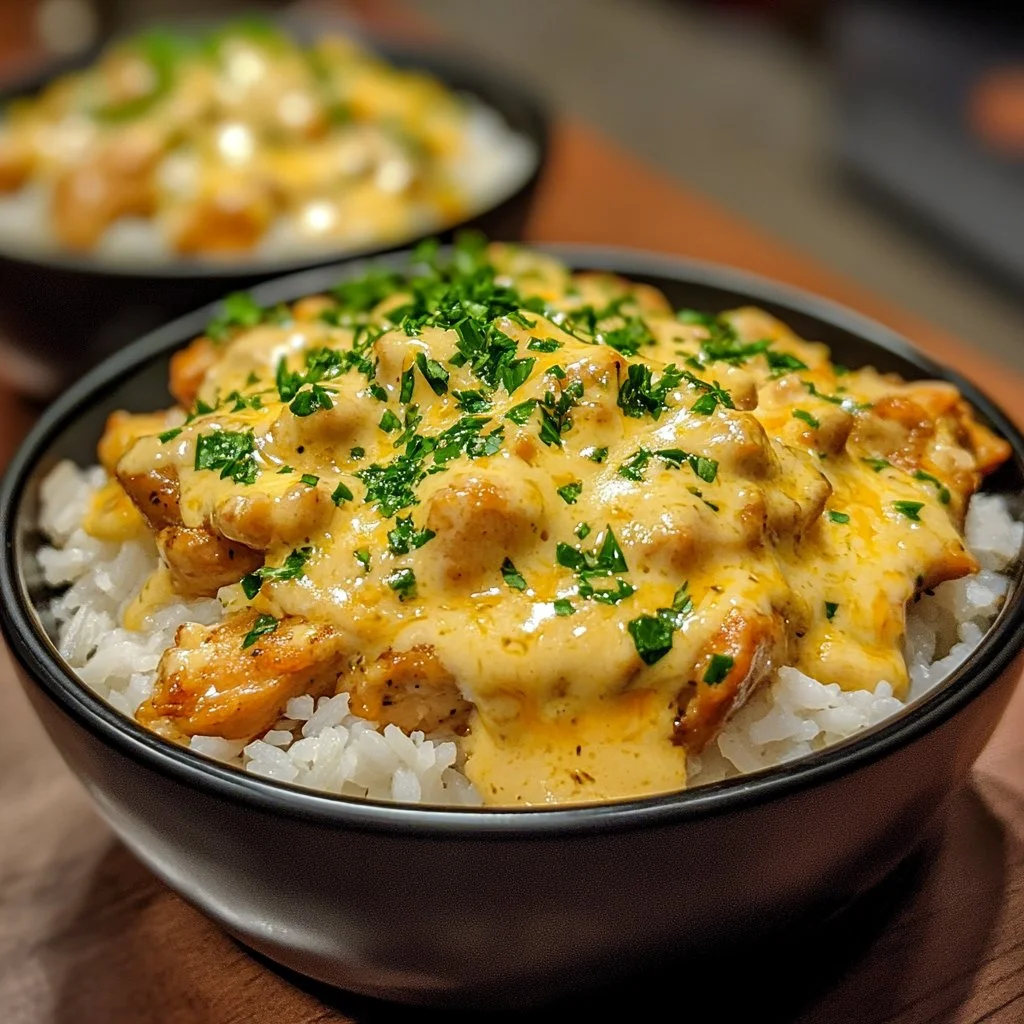 Delicious cheesy chicken and rice dish served in a bowl, garnished with herbs.