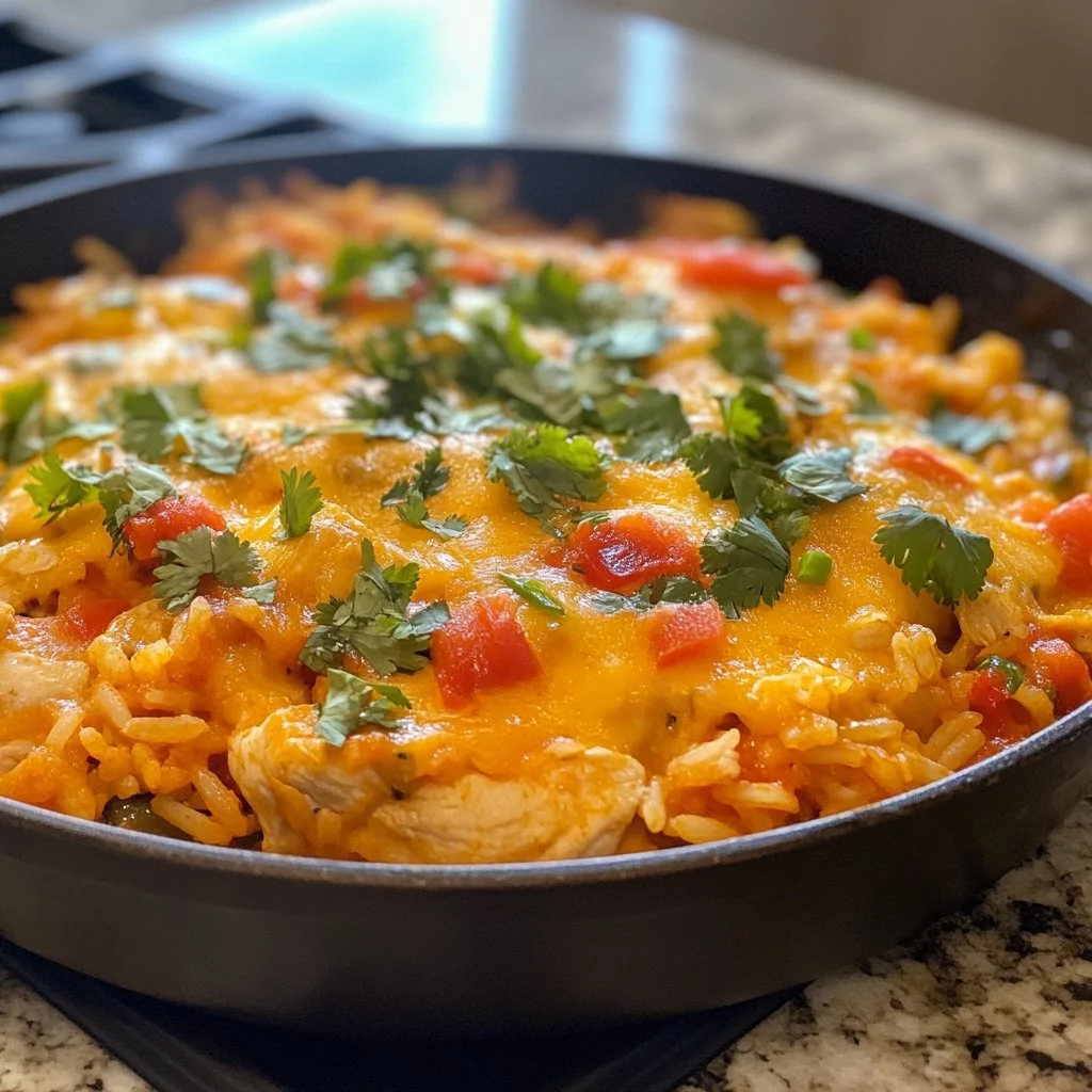 Plate of cheesy Mexican chicken and rice with vibrant spices and cheese