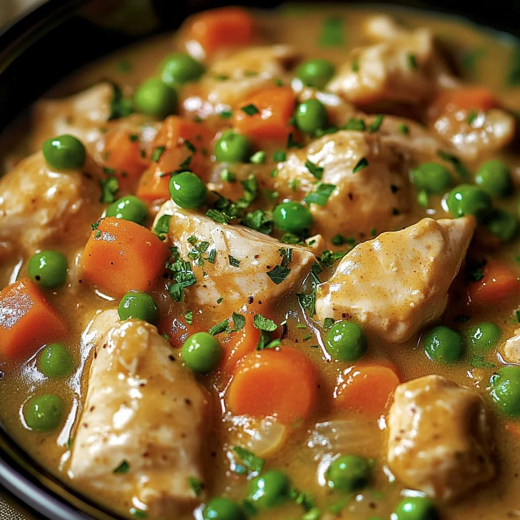 A bowl of Chicken a la King served with vegetables and creamy sauce.