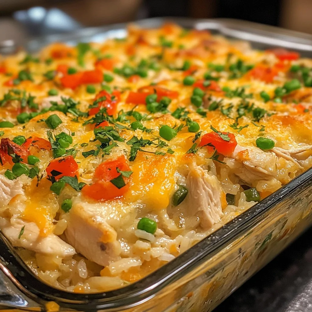 A creamy chicken rice casserole topped with crispy breadcrumbs, ready to serve.