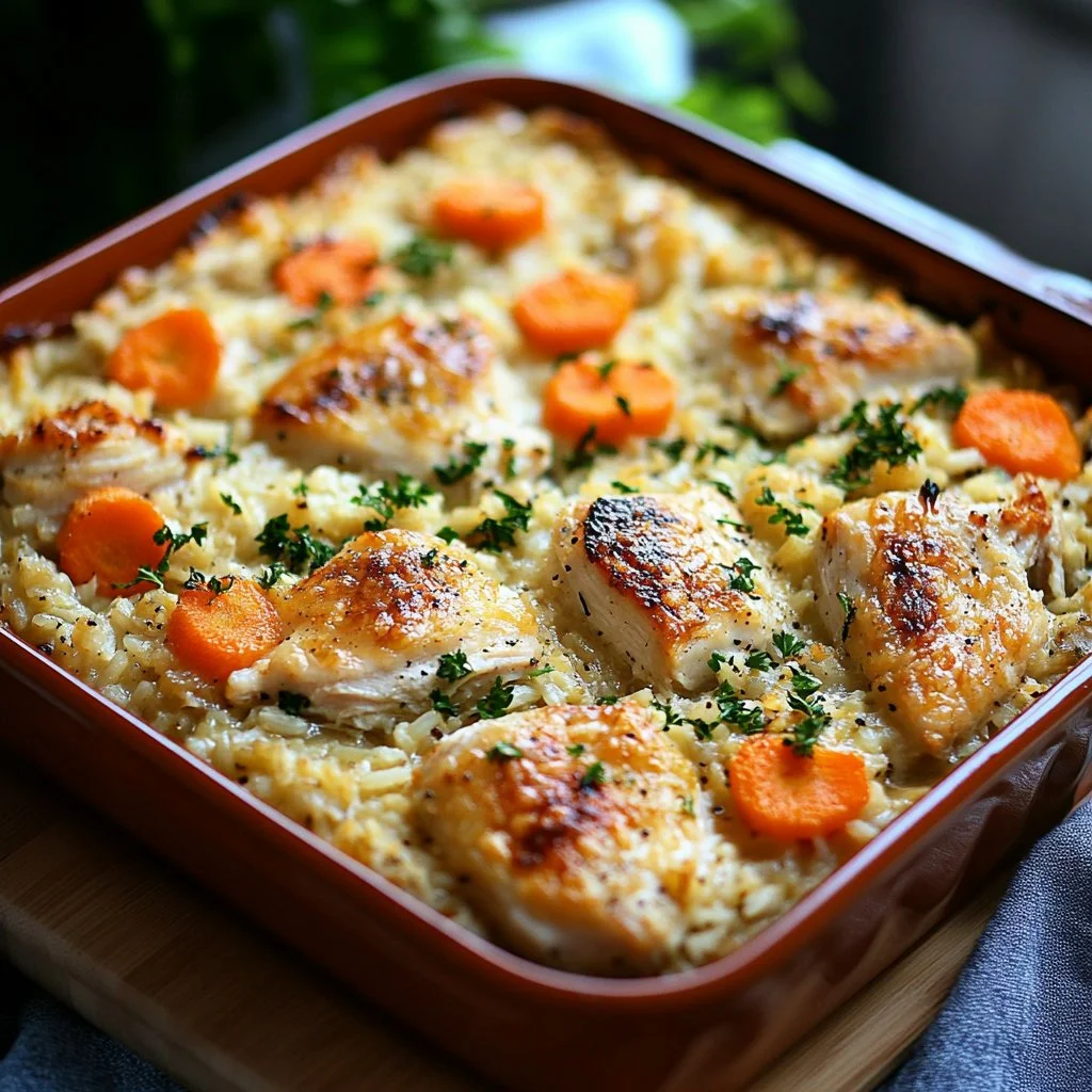 Delicious Chicken Rice Casserole in a baking dish