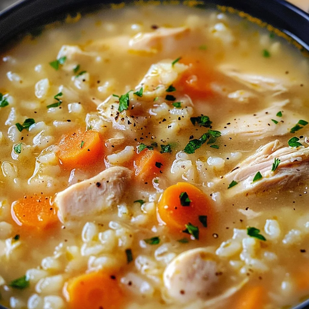 Bowl of homemade Chicken Rice Soup with chicken, rice, and herbs.