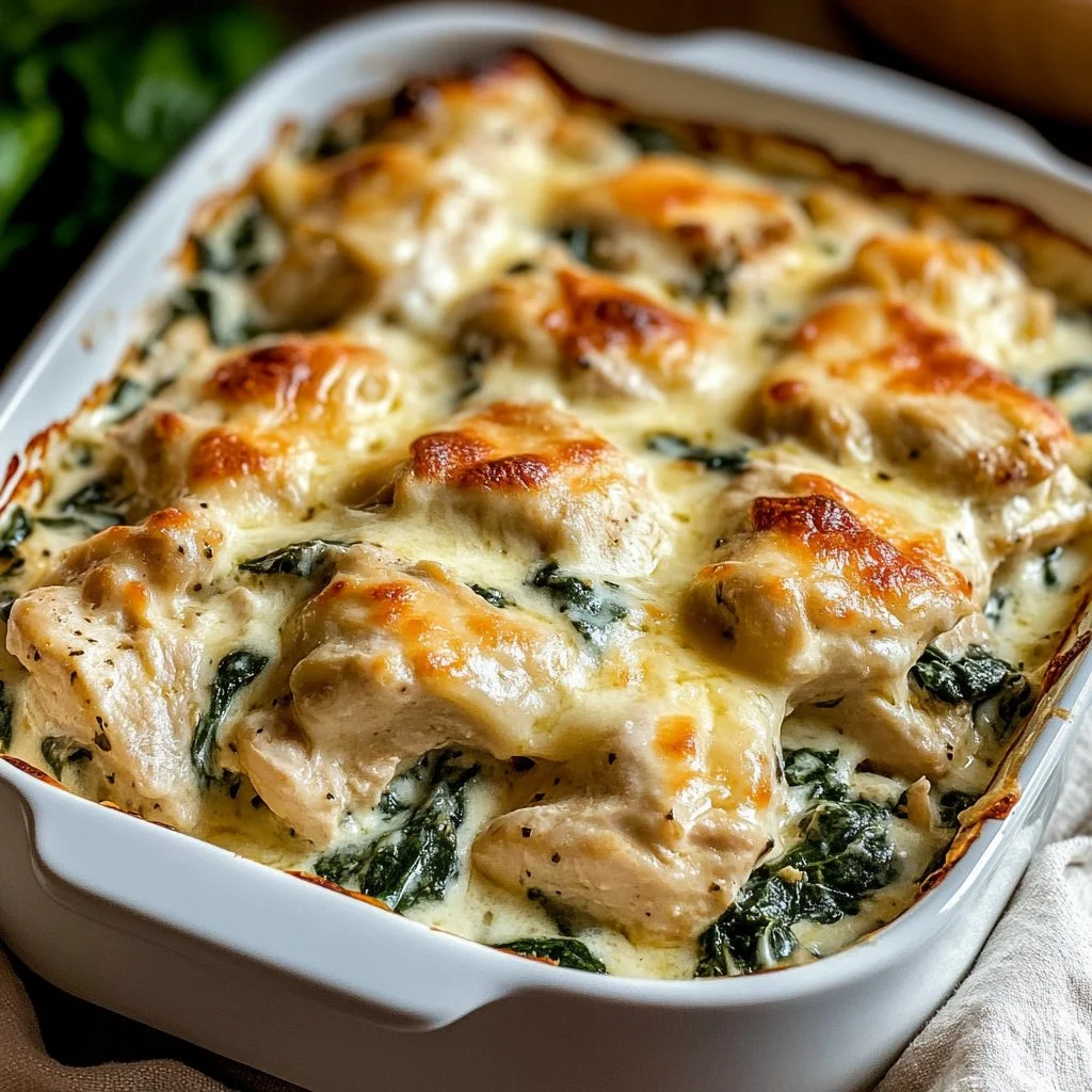 Delicious Chicken and Spinach Casserole baked to perfection