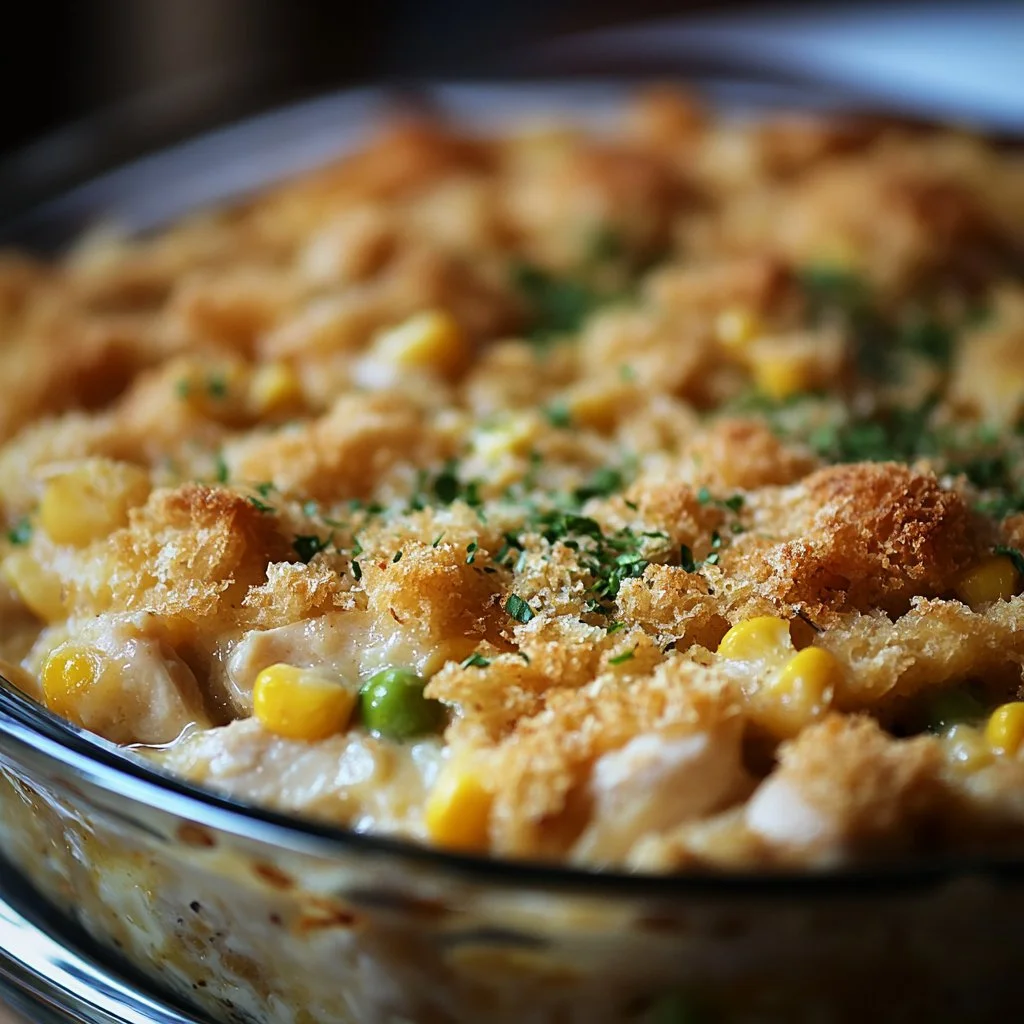 Delicious chicken and stuffing casserole prepared in a baking dish.
