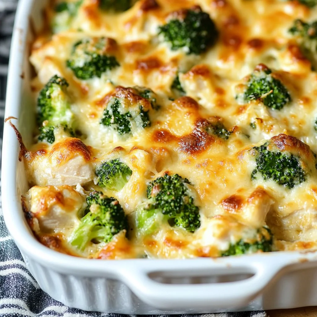 A tasty Chicken Broccoli Bake topped with cheese and herbs, served in a ceramic dish.