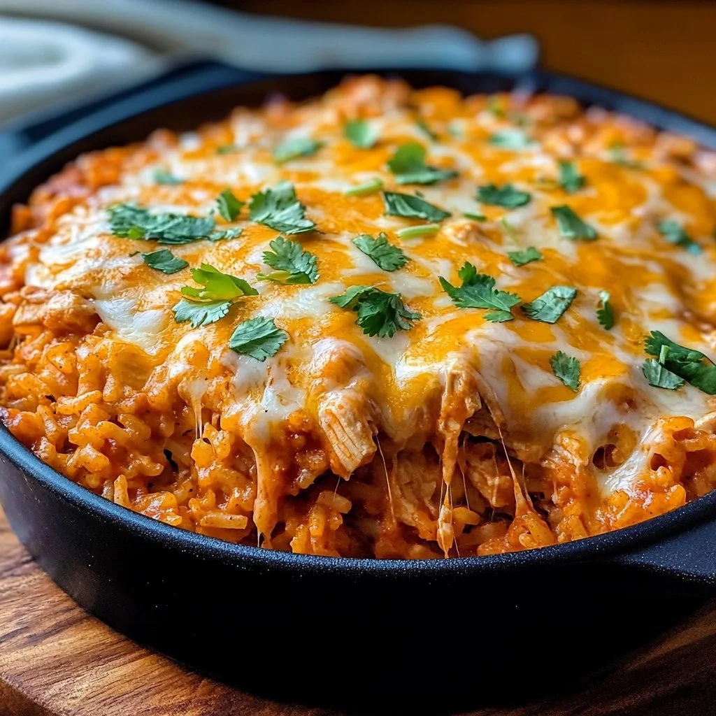 Delicious chicken enchilada rice casserole topped with cheese and fresh herbs