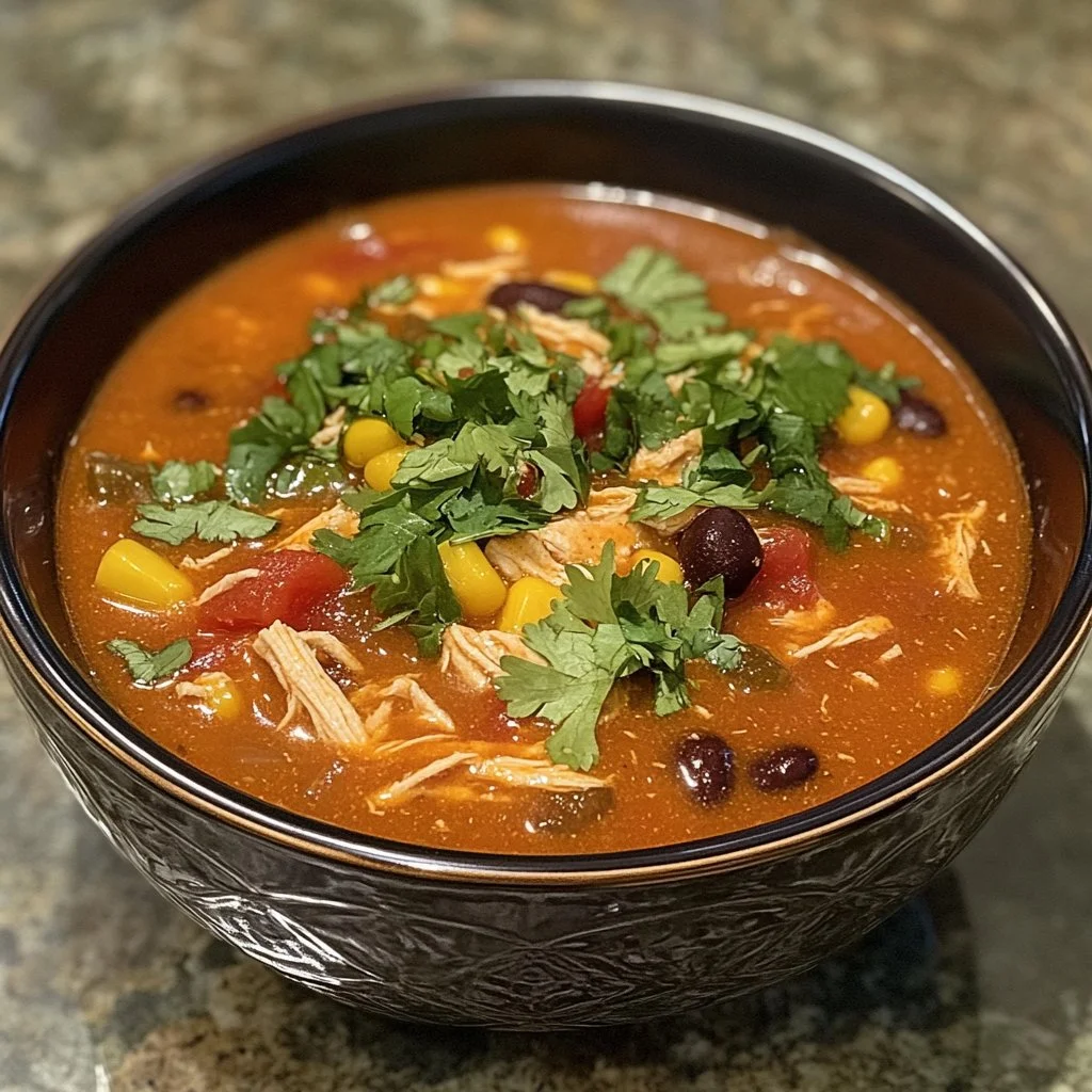 Delicious bowl of Chicken Enchilada Soup topped with cheese and cilantro