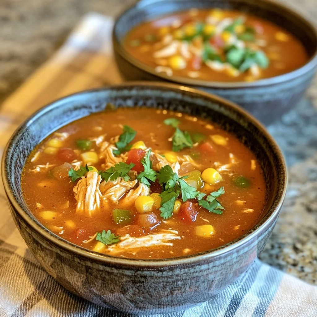 Bowl of delicious Chicken Enchilada Soup topped with cheese and cilantro