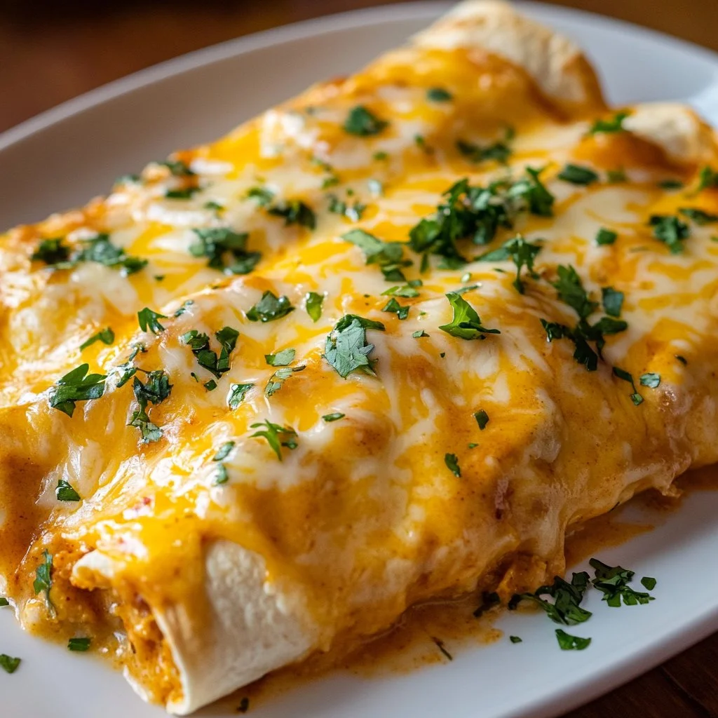 Delicious Chicken Enchiladas topped with cheese and fresh herbs