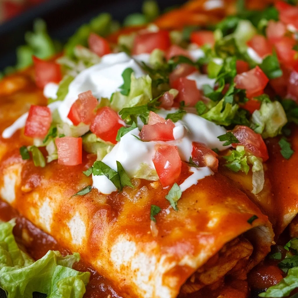 Plate of chicken enchiladas with homemade red enchilada sauce and garnishes.