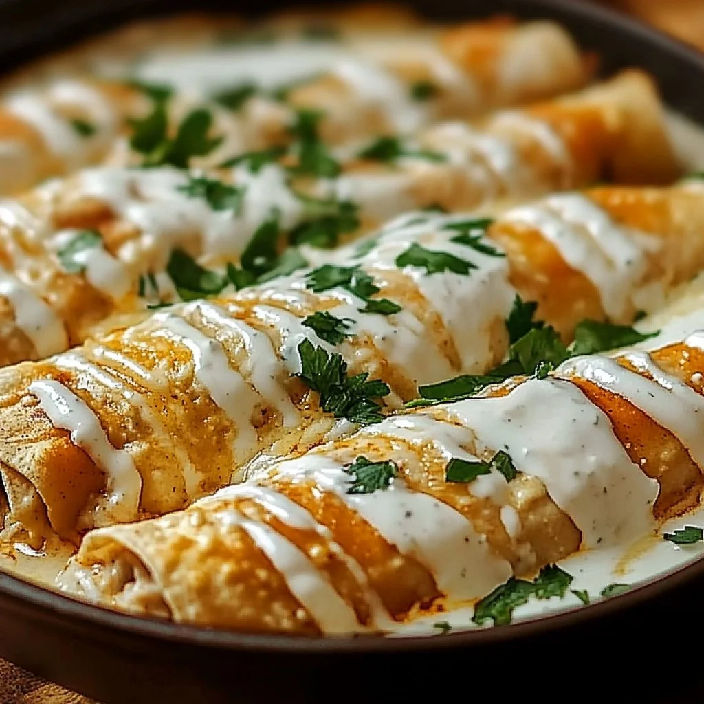 Delicious chicken enchiladas with creamy sour cream white sauce on top.