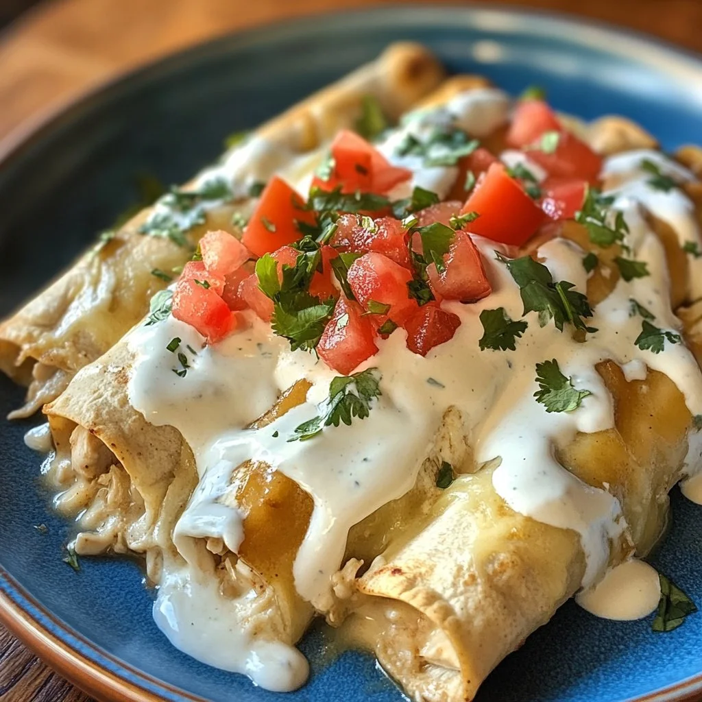 Plate of chicken enchiladas with sour cream white sauce garnished with cilantro