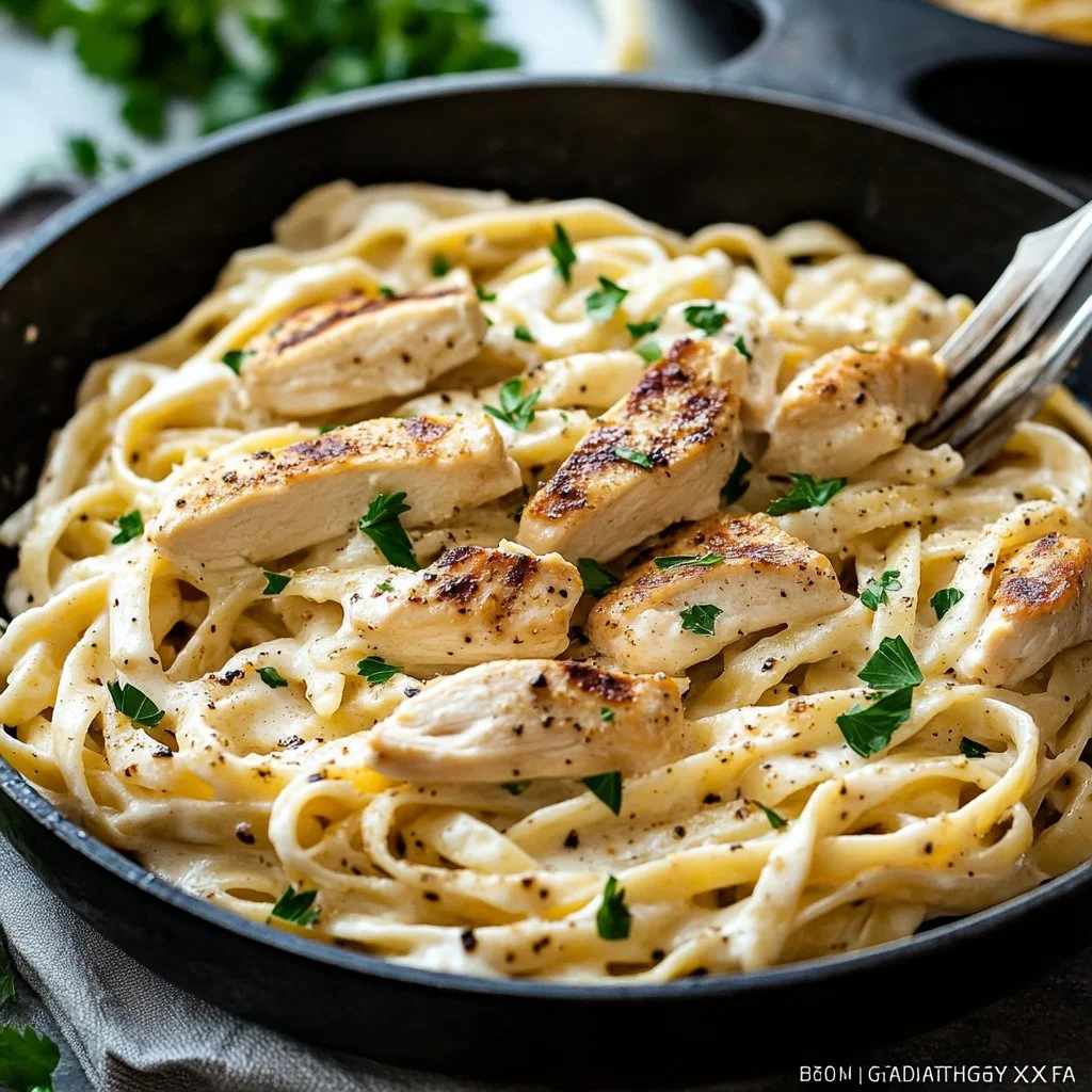 Delicious Chicken Fettuccine Alfredo served in a bowl with herbs and cheese
