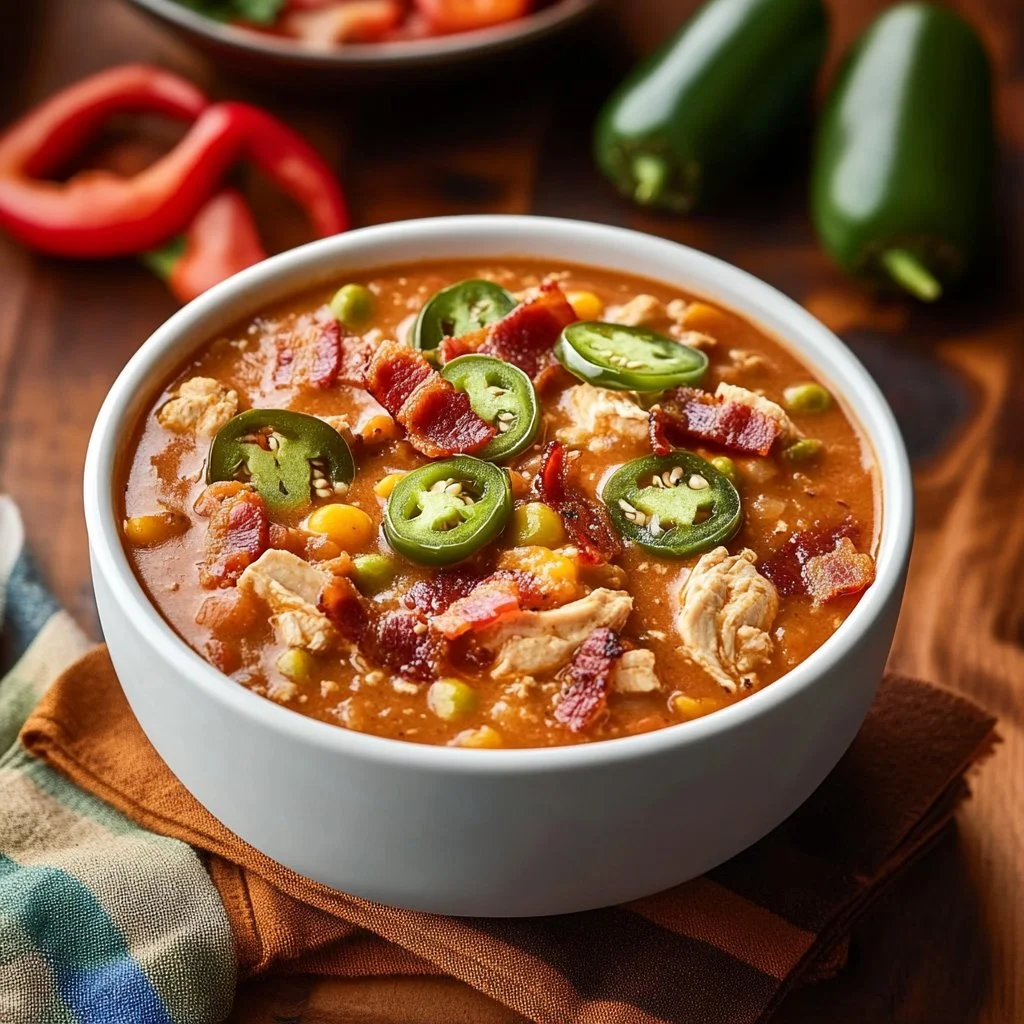 Bowl of Chicken Jalapeño Popper Chili garnished with jalapeños and cheese
