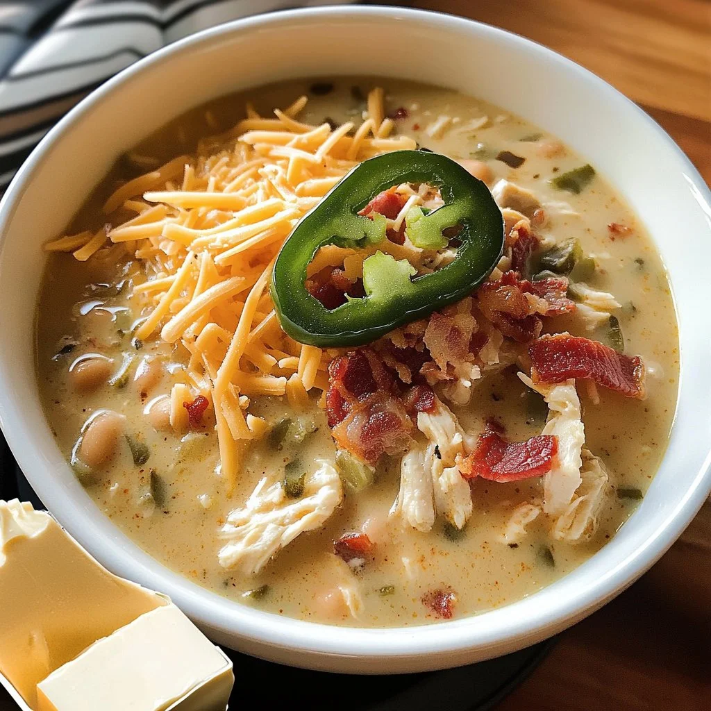 Bowl of chicken jalapeno popper chili topped with cheese and jalapenos