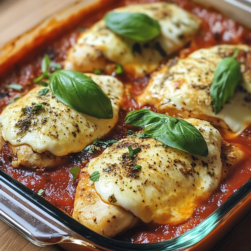 Chicken Mozzarella Bake served with fresh herbs and melted cheese.