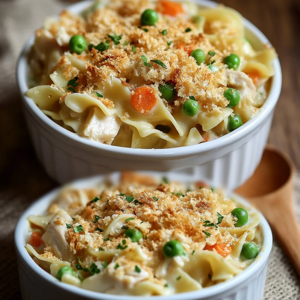 Delicious Chicken Noodle Casserole served in a baking dish with herbs on top.