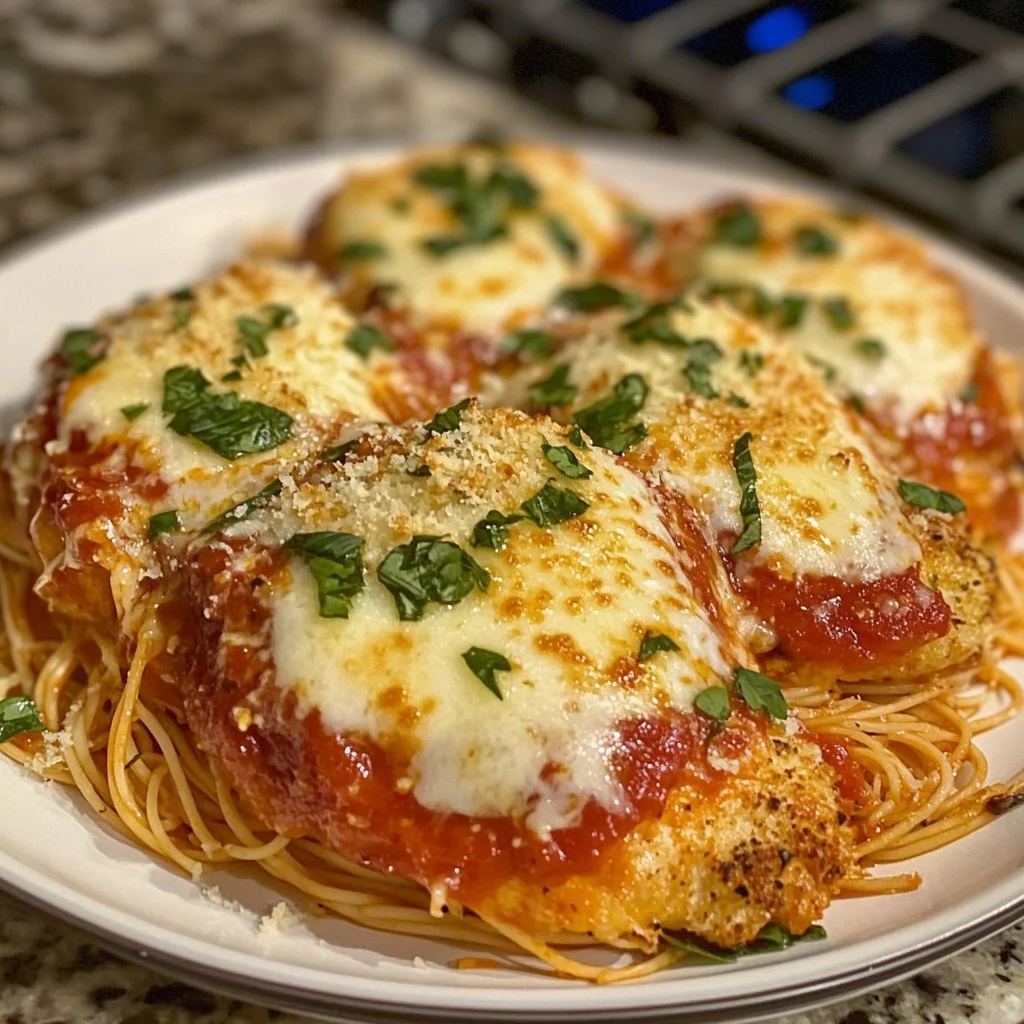 Delicious Chicken Parmesan with marinara sauce and melted cheese
