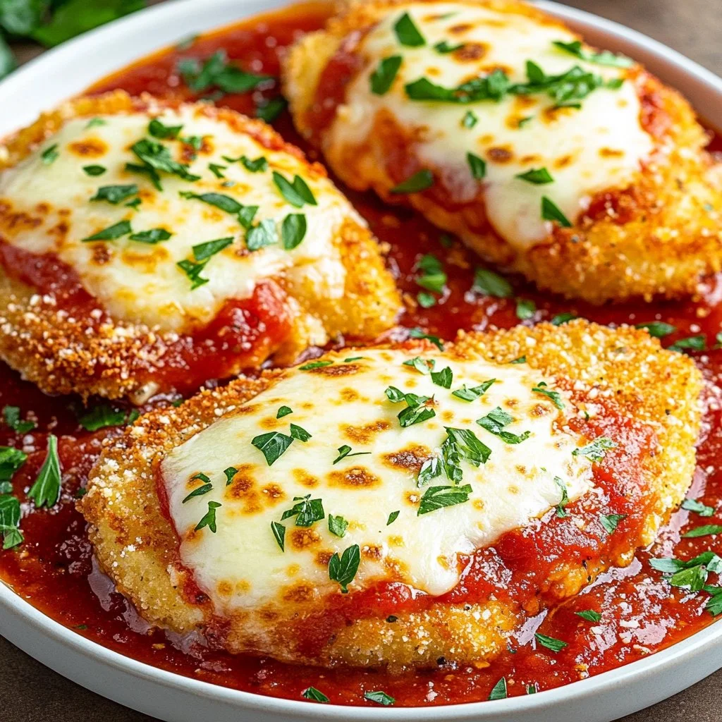 Delicious Chicken Parmesan served with marinara sauce and melted cheese