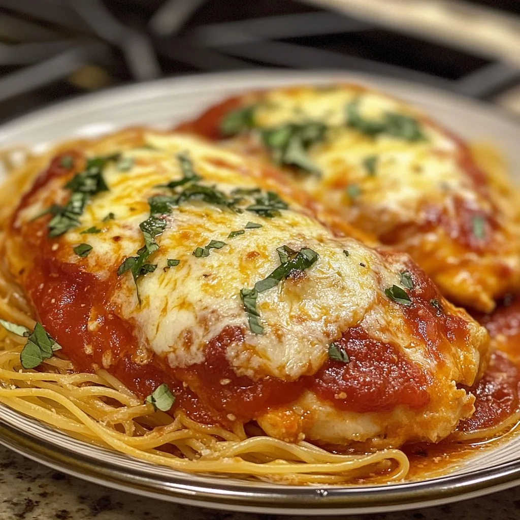 Delicious Chicken Parmesan served with pasta and marinara sauce