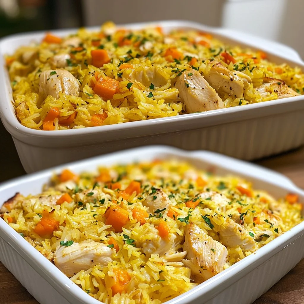 Delicious Chicken Rice Casserole topped with herbs and cheese