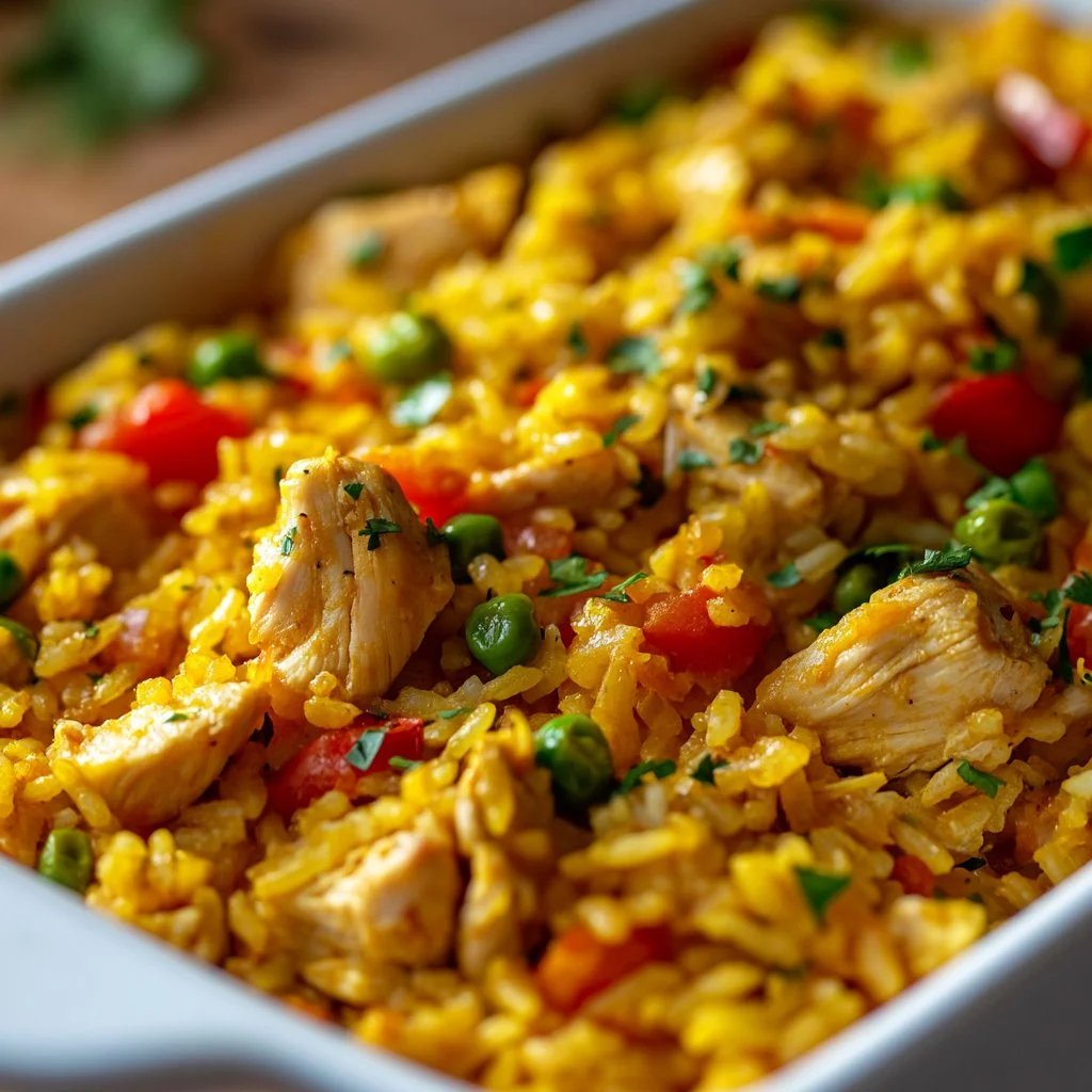 Delicious chicken rice casserole topped with cheese and herbs in a baking dish