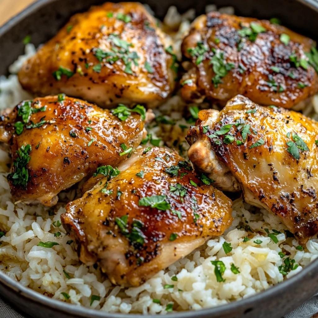 Savory dish of chicken thighs served with rice and vegetables.