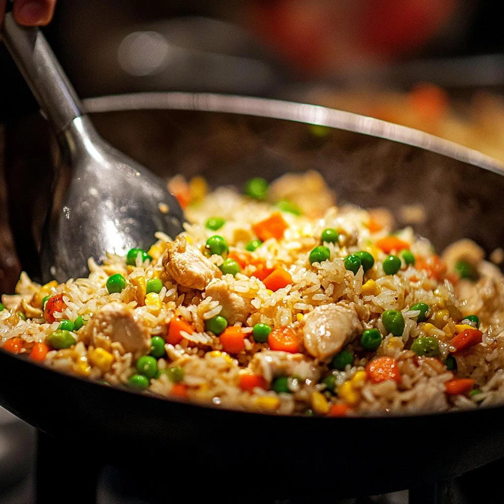 Delicious Chinese Chicken Fried Rice served with vegetables and chicken