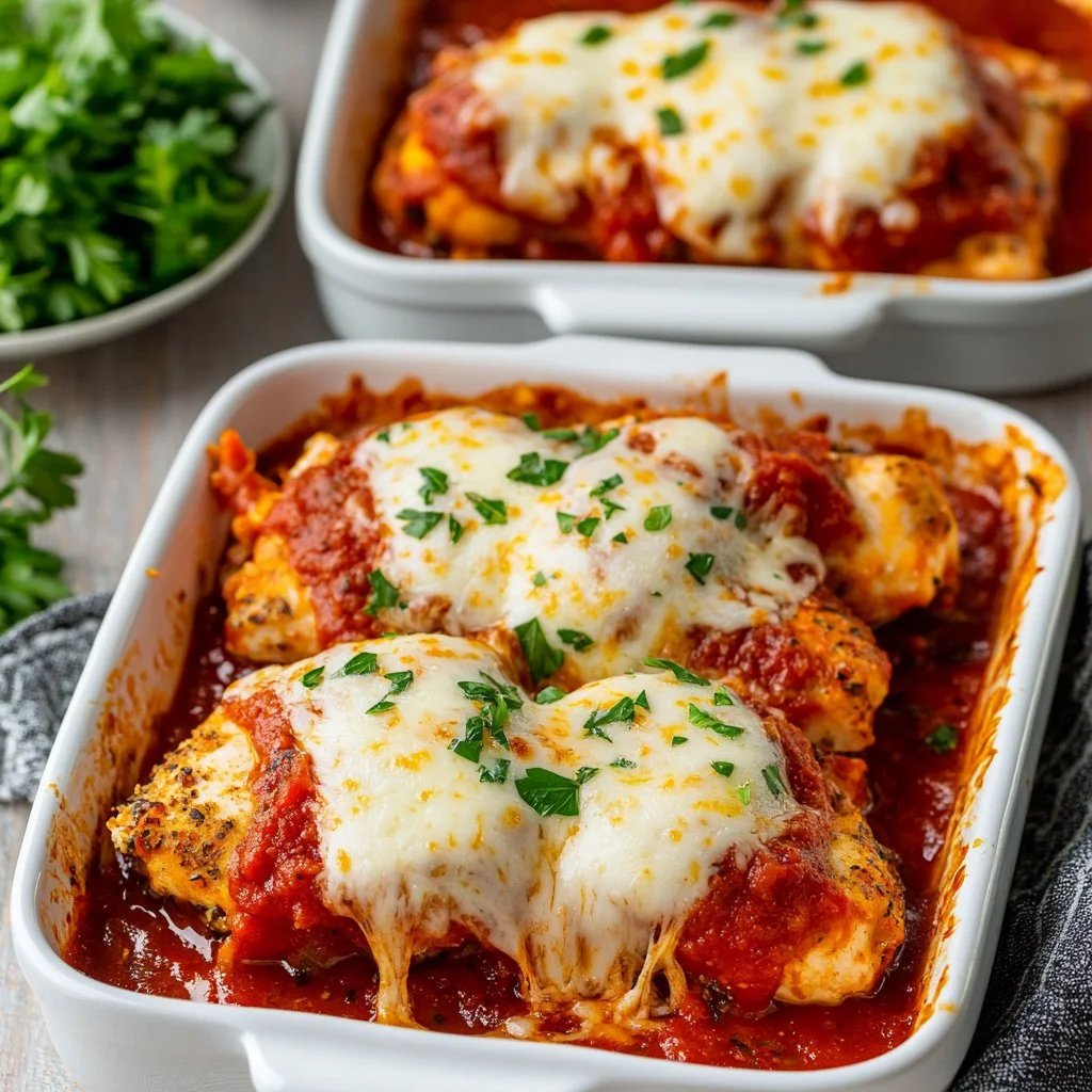 Classic Chicken Parmesan with marinara sauce and melted cheese on a plate