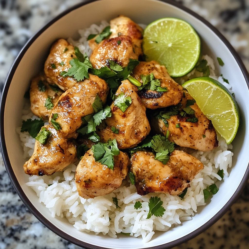 Coconut chicken served with rice, garnished with fresh herbs