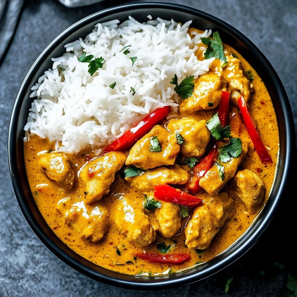 Coconut curry chicken dish served with rice and vegetables
