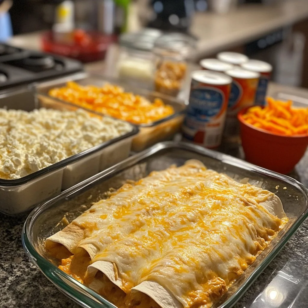 Cream cheese chicken enchiladas topped with green sauce and cheese