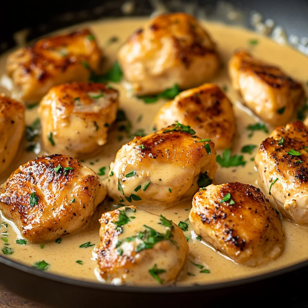 Creamy Boursin chicken served with herbs and vegetables