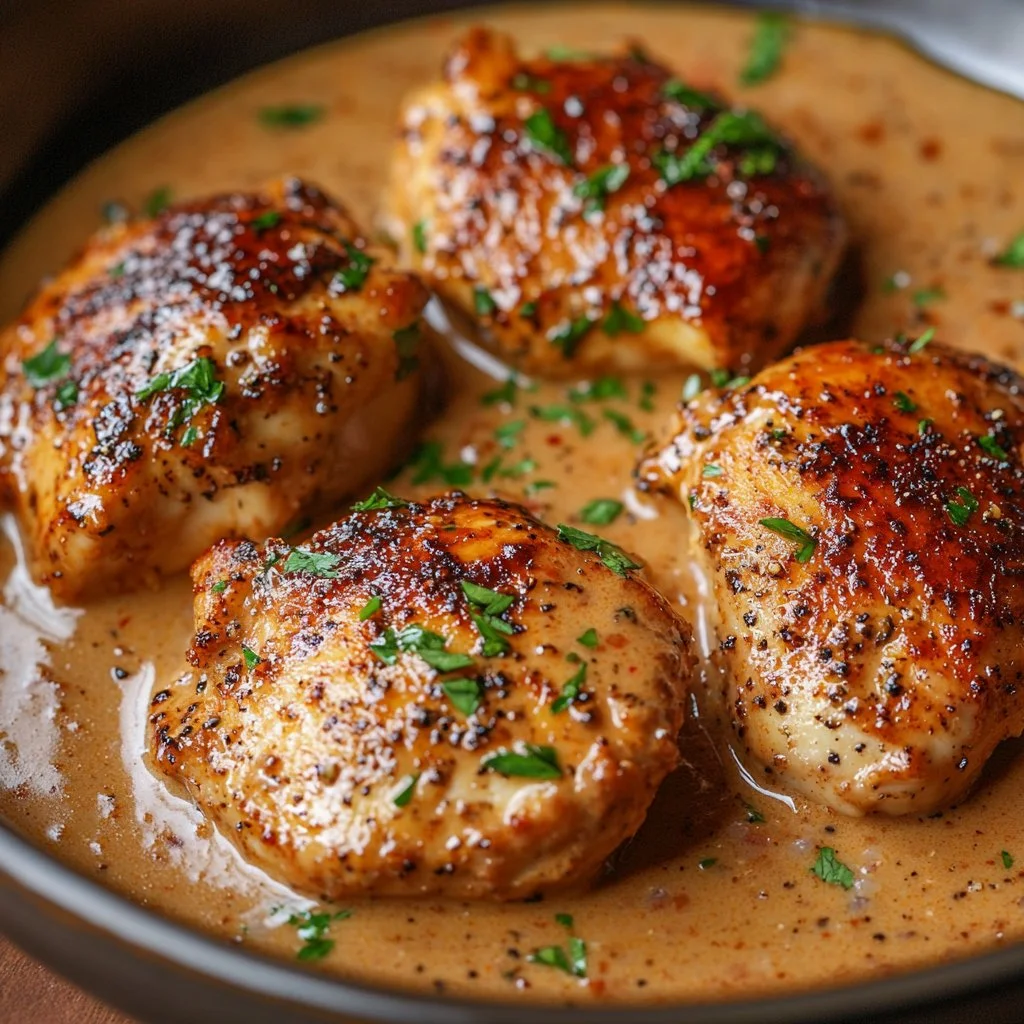 Creamy Cajun chicken served on a plate with herbs and spices.