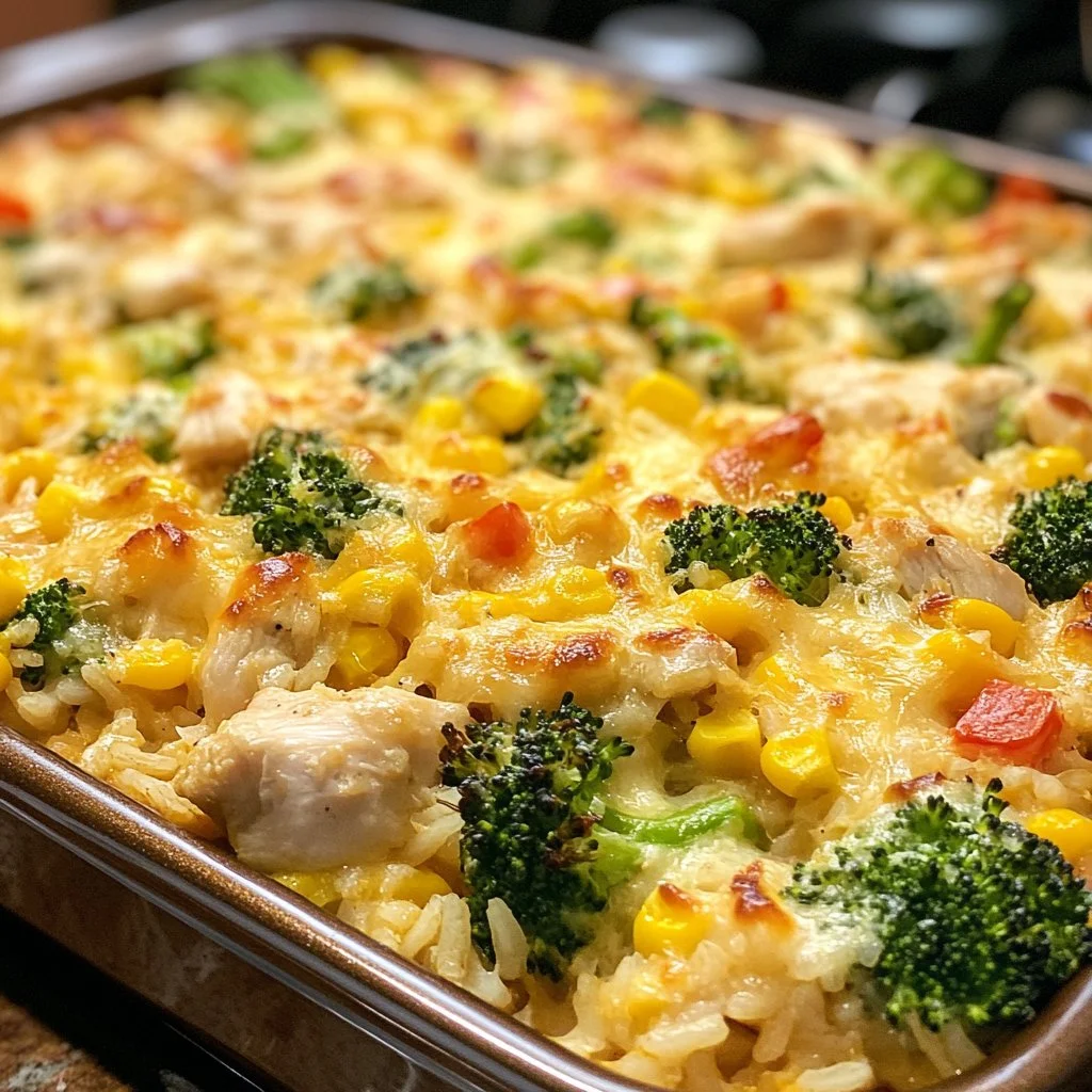 Creamy chicken and rice bake garnished with herbs on a plate.