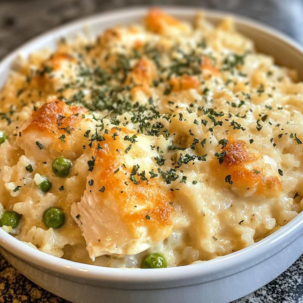 Delicious creamy chicken and rice casserole dish ready to serve.