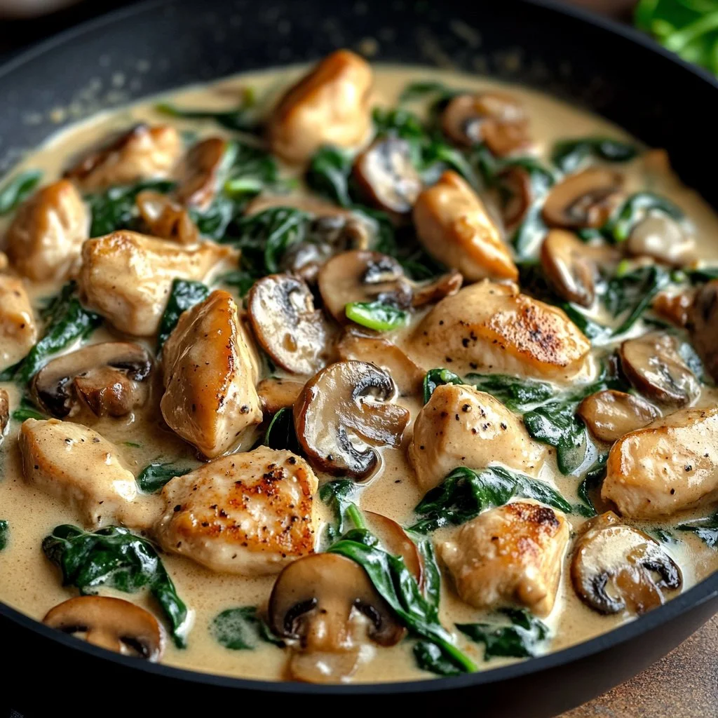 Creamy chicken mushroom spinach skillet dish ready to serve