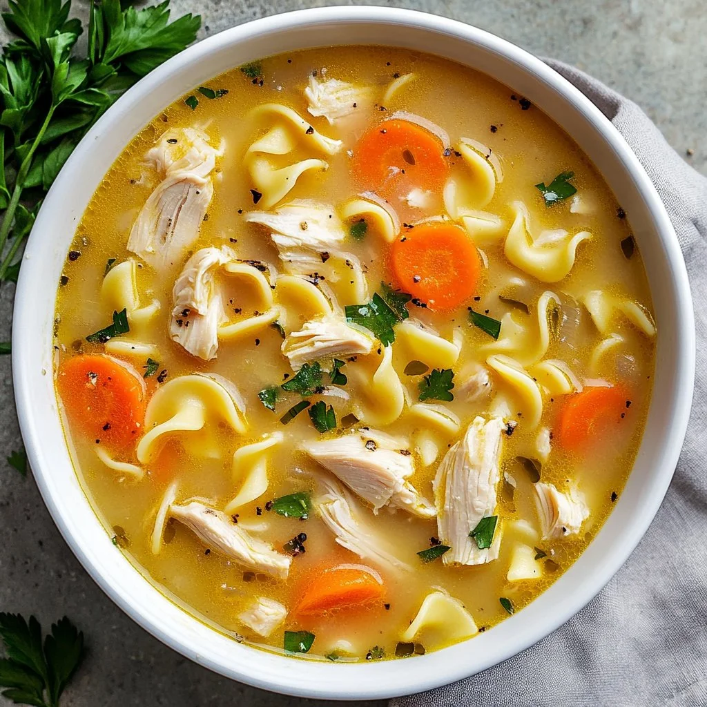 Bowl of creamy chicken noodle soup with vegetables and herbs