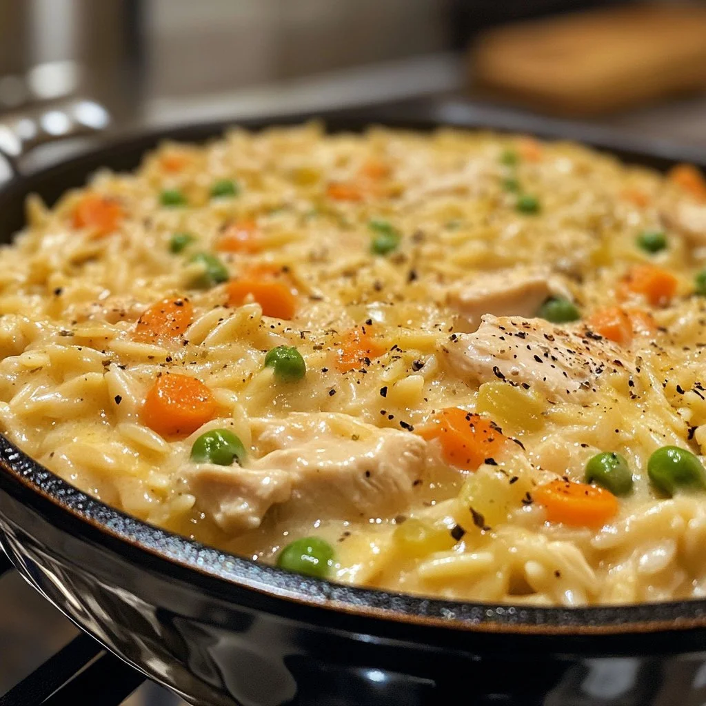 Creamy chicken pot pie orzo served in a bowl with fresh herbs