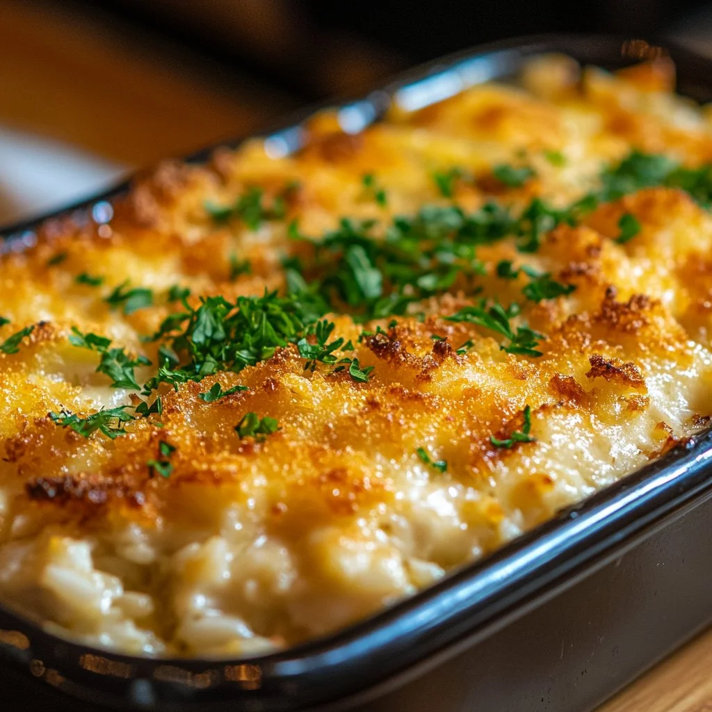 Creamy chicken and rice bake dish with garnishes