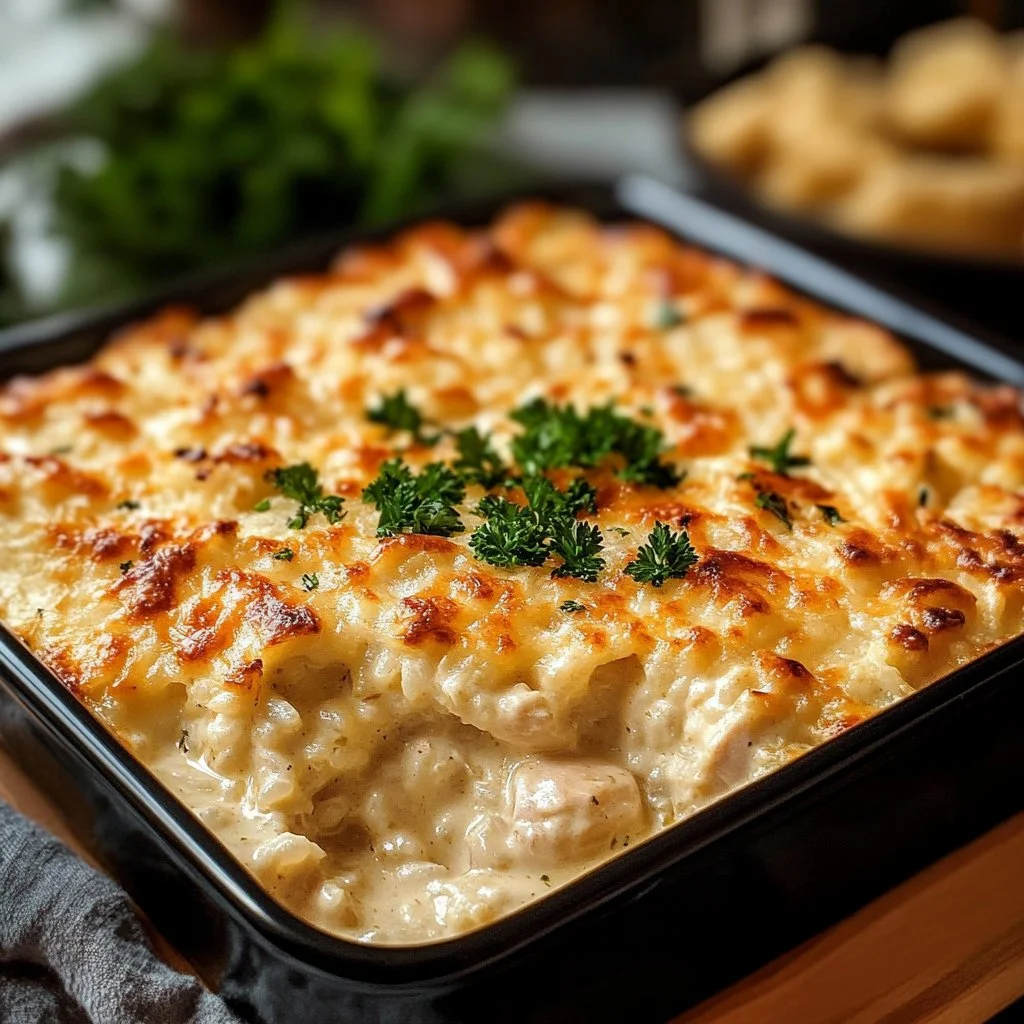 Creamy Chicken & Rice Bake dish served in a bowl, featuring tender chicken and rice.