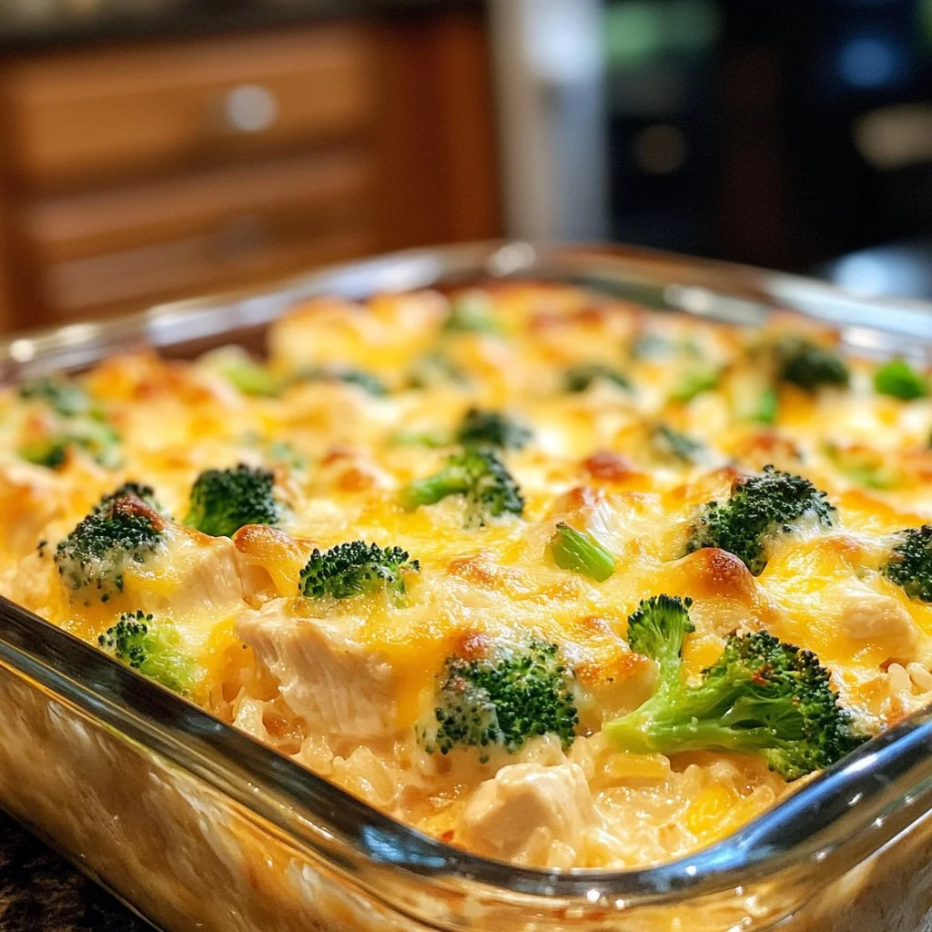 Creamy chicken rice broccoli casserole served in a dish