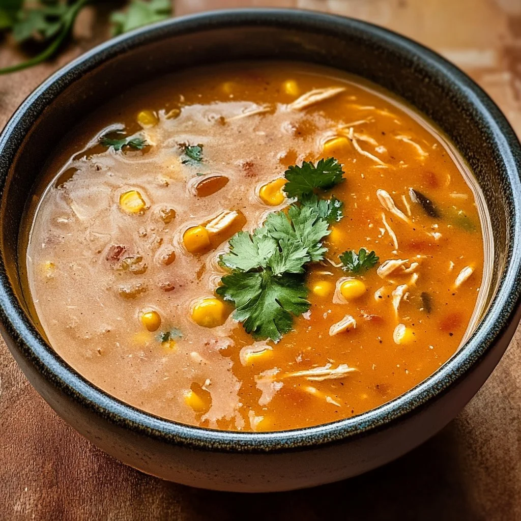 Creamy Chicken Tortilla Soup garnished with tortilla strips and fresh herbs