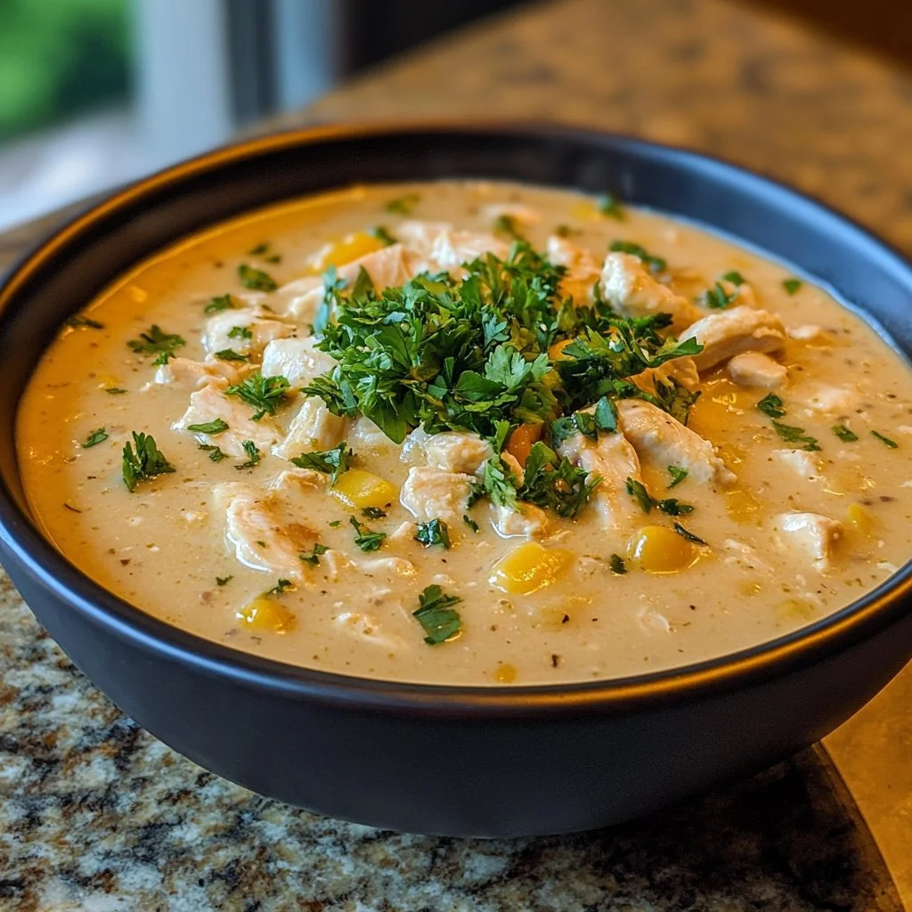 Bowl of creamy crockpot white chicken chili with toppings, served warm.