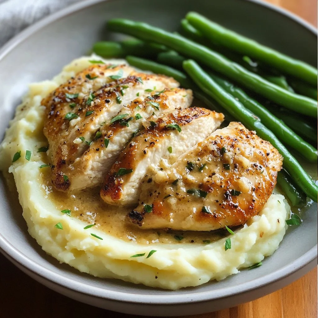 Creamy Garlic Parmesan Chicken Breast served on a plate with herbs