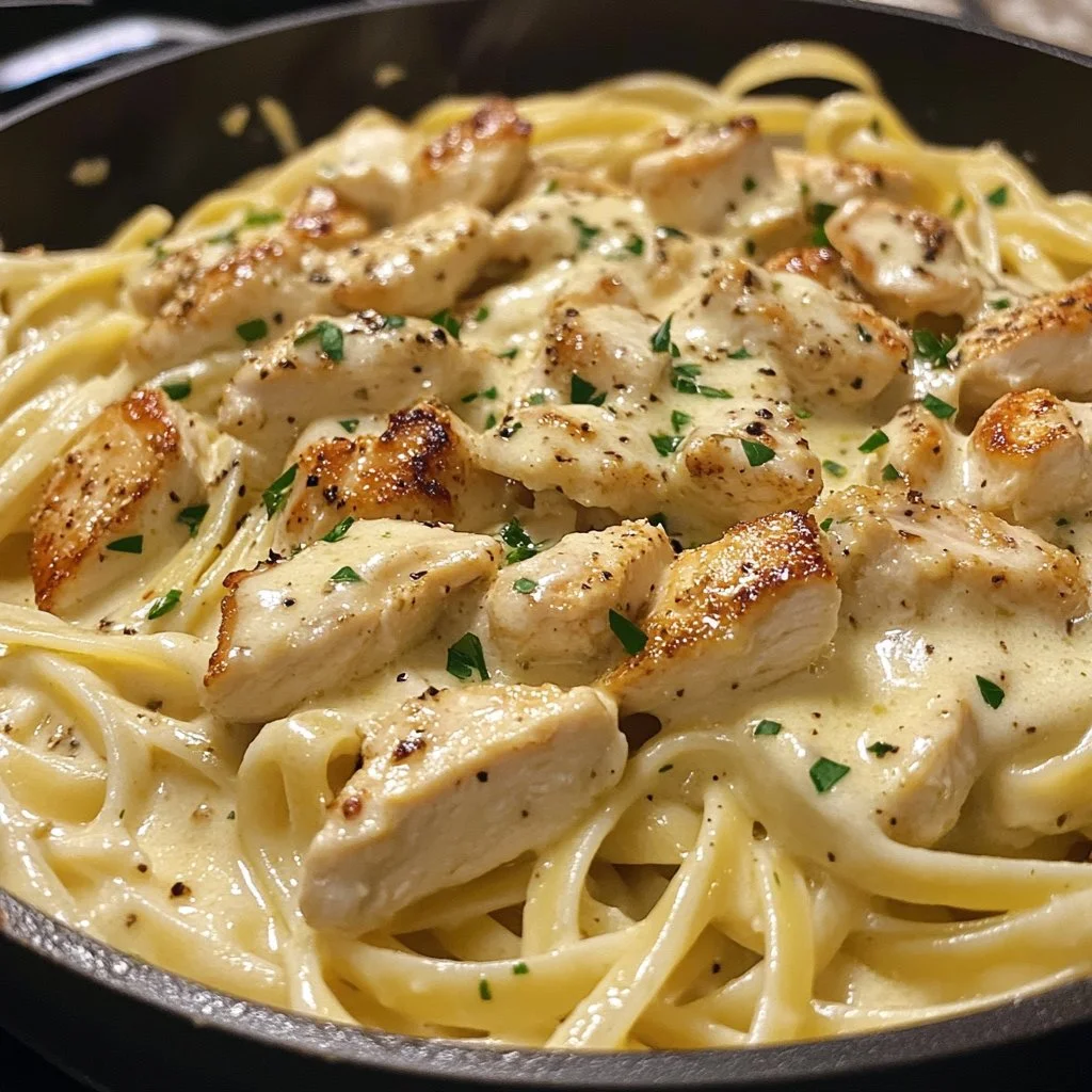 Creamy garlic parmesan chicken pasta served in a bowl with fresh herbs.