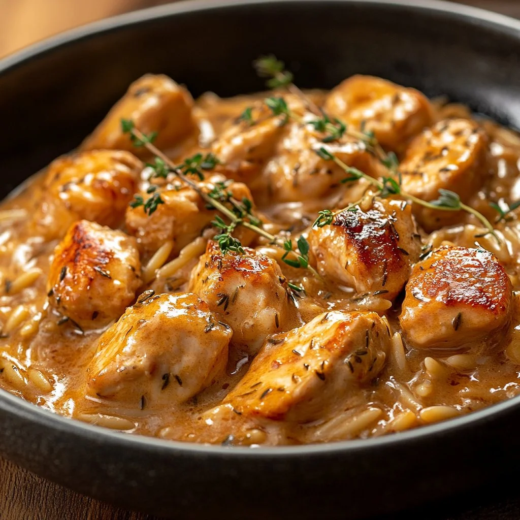 Creamy orzo with chicken served on a plate garnished with herbs